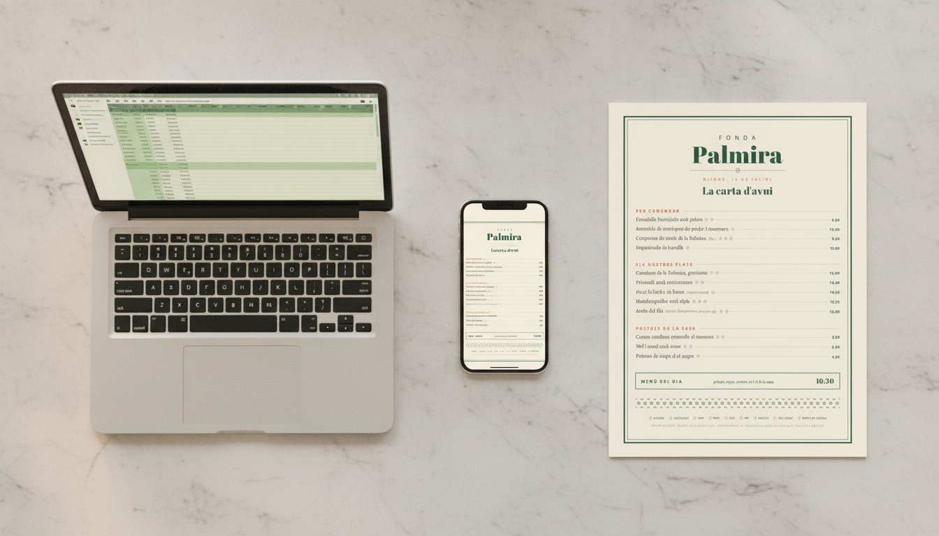 Portátil con Excel, móvil con carta web y carta impresa